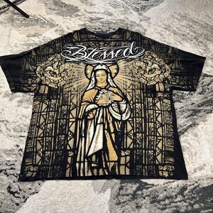 Vintage Y2K Affliction Style Dyse One Blessed Virgin Mary Tee AOP Grunge Sz 3XL